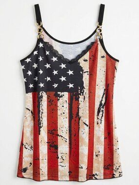 Boutique Patriotic Distressed American Flag Tank Top Gold Hardware Trim M